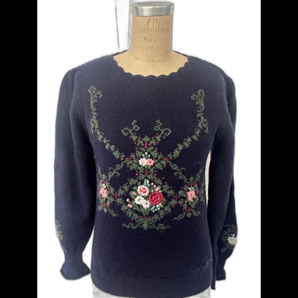 Vintage Herman Geist Hand Embroidered Wool Navy Sweater Size Small